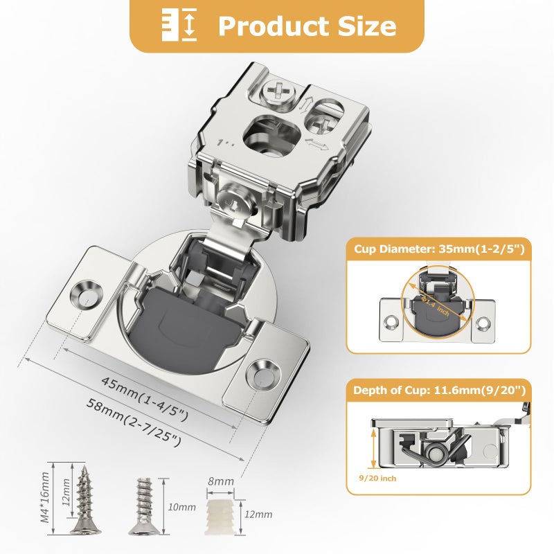 Furniware 20 Pieces 1 inch Overlay Soft Close Cabinet Hinges for Face Frame Cabinet, Stainless Steel, 105Â° Opening Angle, Concealed Self Closing Door Hinges- 3 Way Adjustment - Image 4